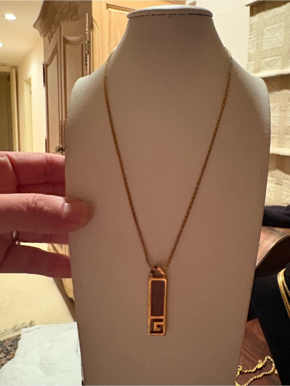 Givenchy Gold-Tone Rectangular Pendant Necklace with Brown Inlay - Picture 8 of 12